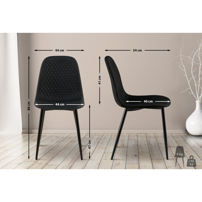 Ensemble de 4 chaises Giverny, tissu, noir