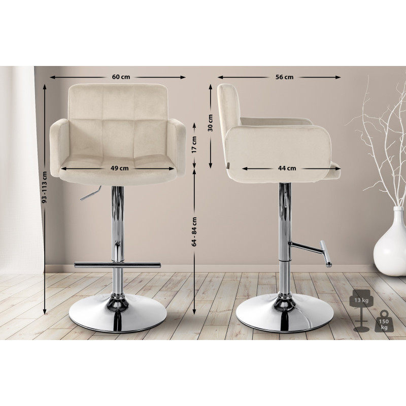 Tabouret de bar Los Angeles velours chrome crème