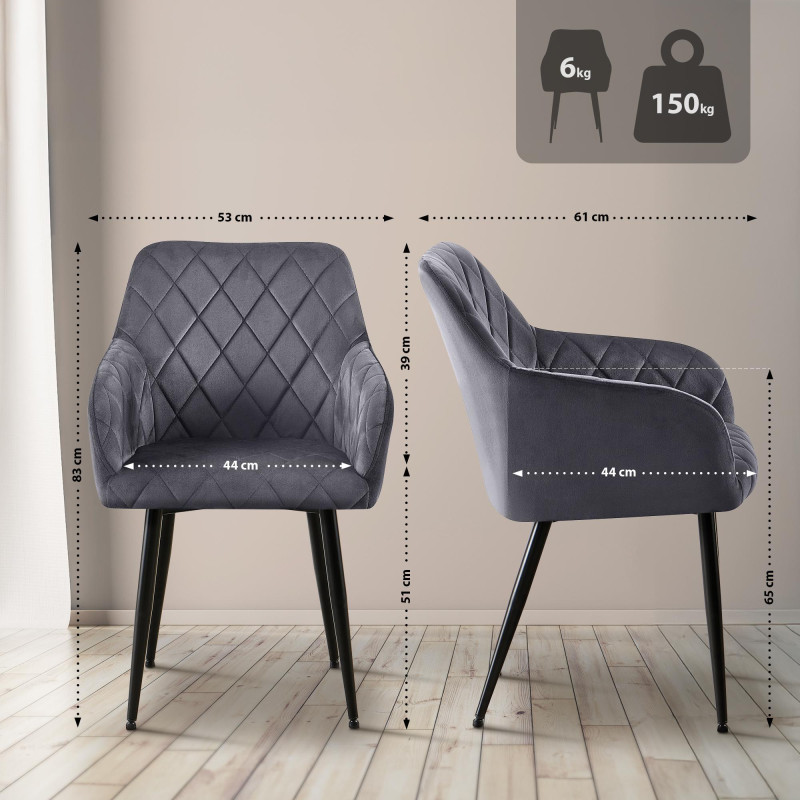 Ensemble de 2 chaises de salle à manger Monett, velours, B, gris foncé