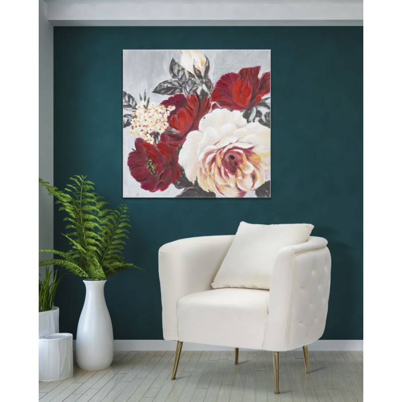 Tableau mural fait main carré floral – 90x90 cm – Déco peinte à la main élégante