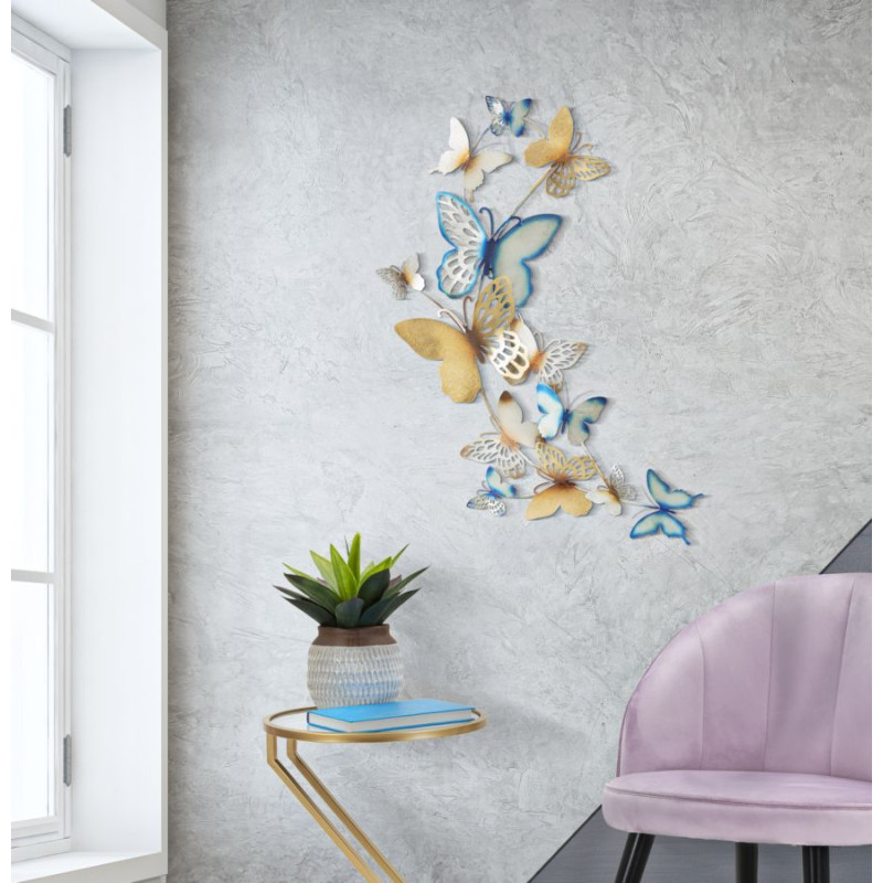 Panneau mural papillons or et bleu clair – 59x111 cm – Déco Glam poétique