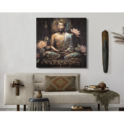 Tableau mural fait main Bouddha – Modèle A – 100x100 cm – Grand format spirituel bohème