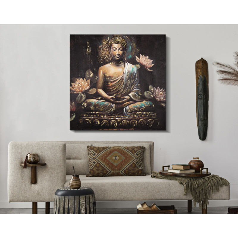 Tableau mural fait main Bouddha – Modèle A – 100x100 cm – Grand format spirituel bohème