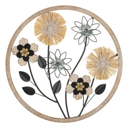 Panneau mural en fer et bois rond – Ø50 cm – Déco murale bohème naturelle et texturée