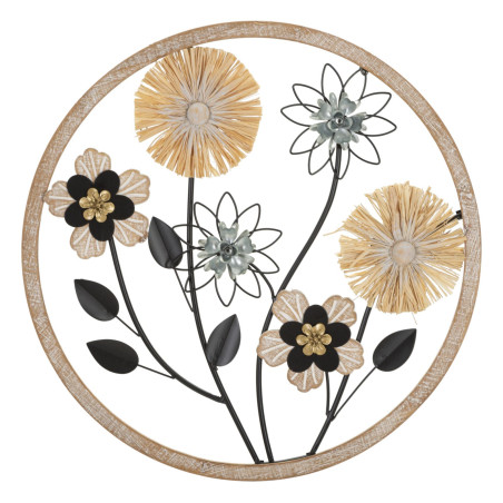 Panneau mural en fer et bois rond – Ø50 cm – Déco murale bohème naturelle et texturée