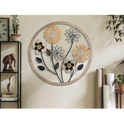Panneau mural en fer et bois rond – Ø50 cm – Déco murale bohème naturelle et texturée