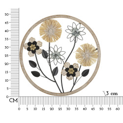 Panneau mural en fer et bois rond – Ø50 cm – Déco murale bohème naturelle et texturée