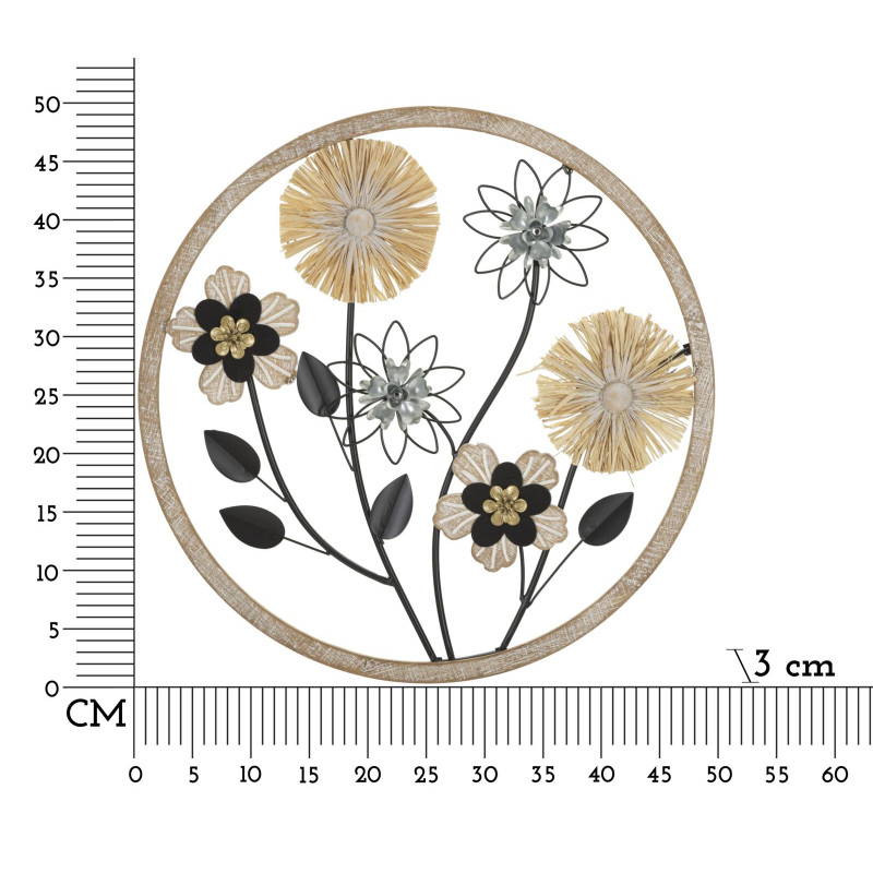 Panneau mural en fer et bois rond – Ø50 cm – Déco murale bohème naturelle et texturée