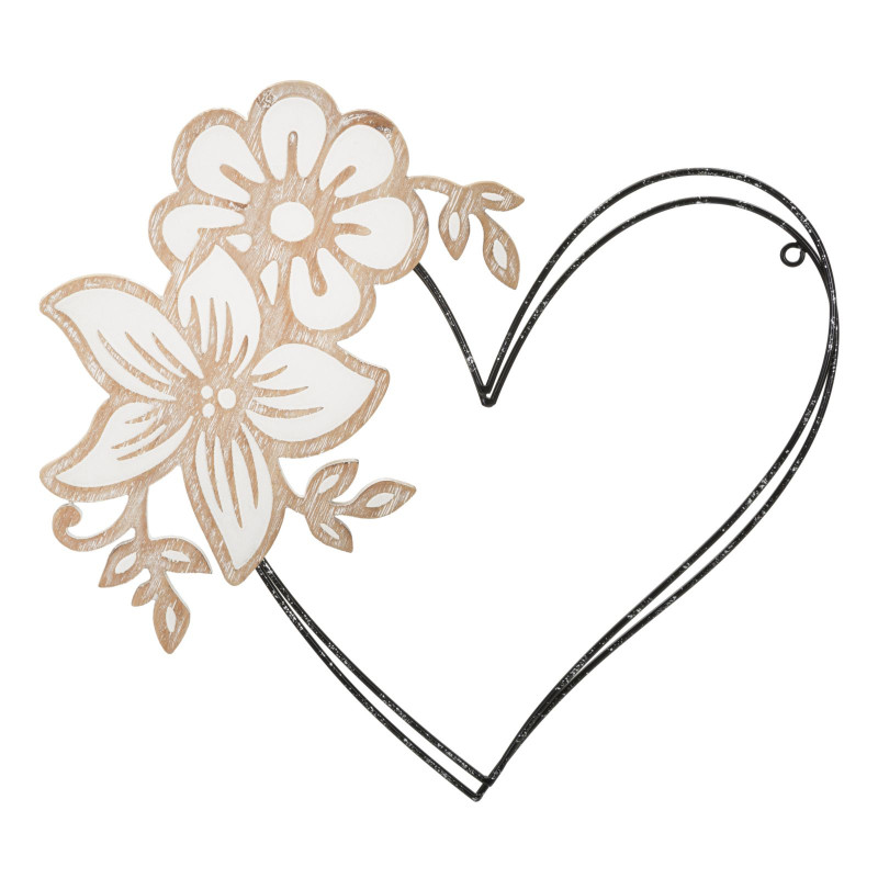 Panneau mural en fer et bois cœur – 50x45 cm – Forme romantique et naturelle Bohème Chic (lot de 2)