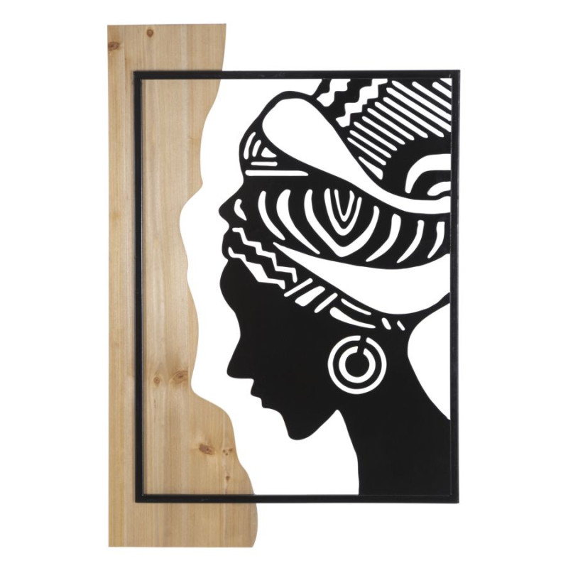 Panneau mural tribal en fer et bois – Style ethnique moderne (53 x 2 x 80 cm)