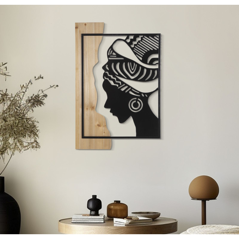 Panneau mural tribal en fer et bois – Style ethnique moderne (53 x 2 x 80 cm)