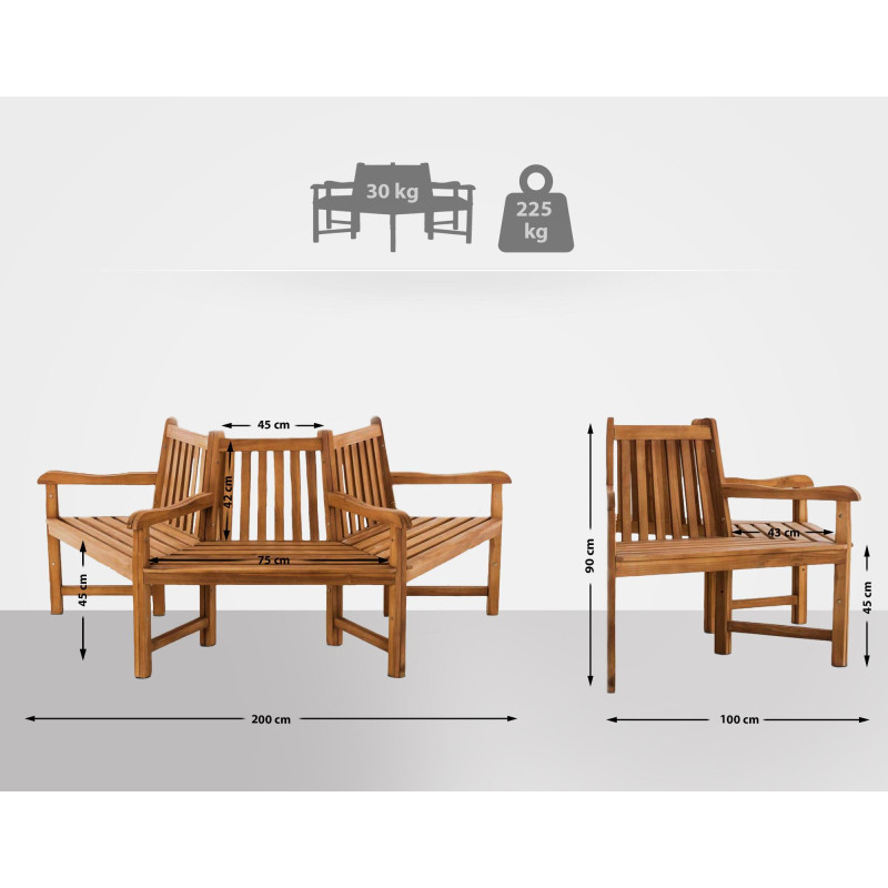 Banc Kenna avec accoudoirs, semi-circulaire, 200 cm teck