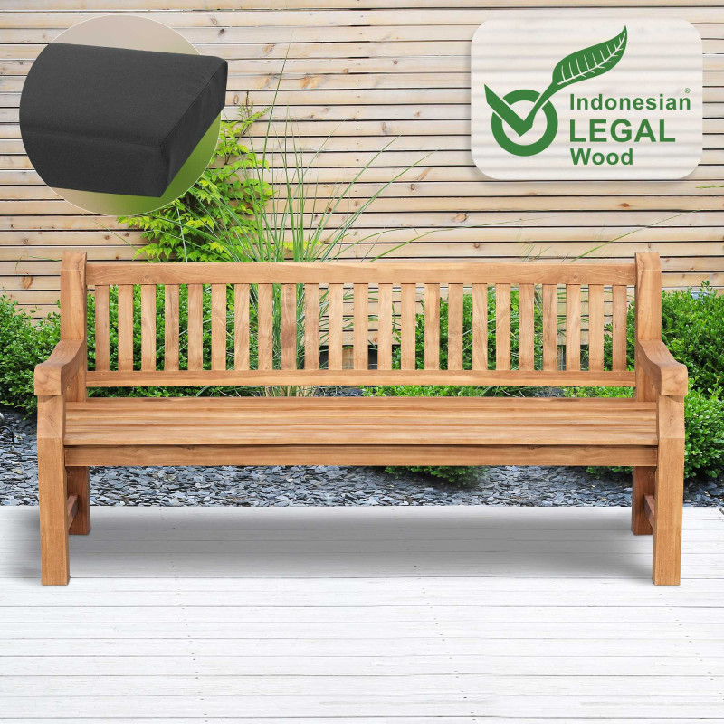 Banc Jackson en teck avec coussin d'assise 200 cm + teck gris foncé