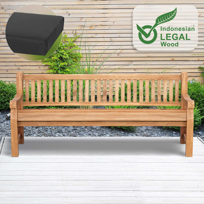 Banc Jackson en teck avec coussin d'assise 220 cm + teck gris foncé