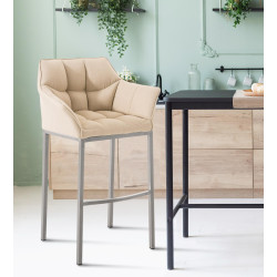 Tabouret de bar Damaso E en tissu avec piètement à 4 pieds crème