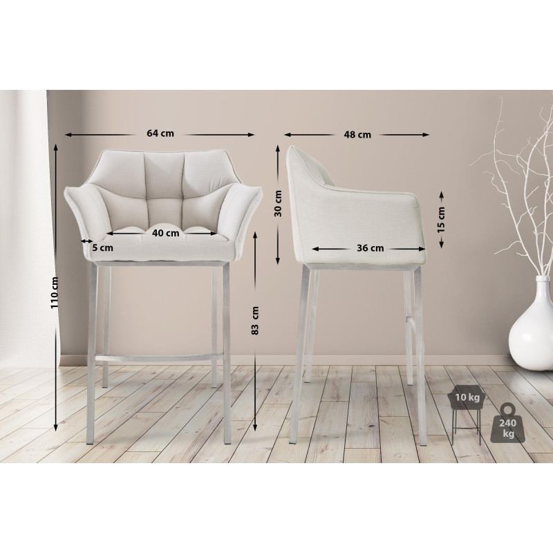 Tabouret de bar Damaso E en tissu avec structure à 4 pieds blanc