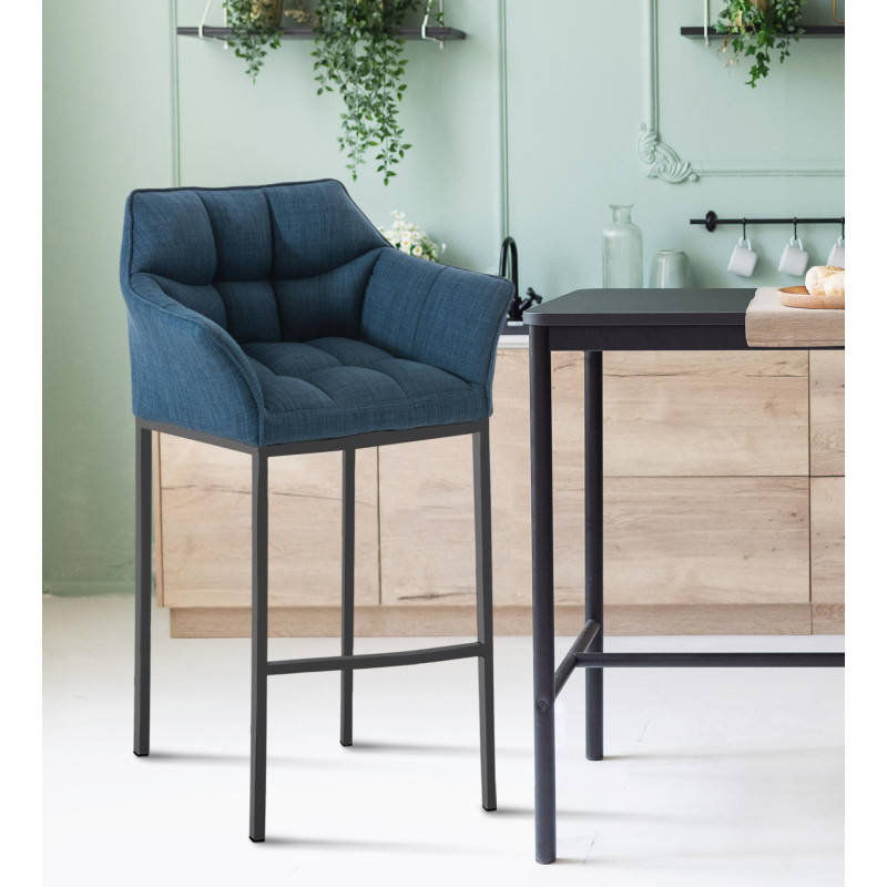 Tabouret de bar Damaso B en tissu avec piètement à 4 pieds bleu