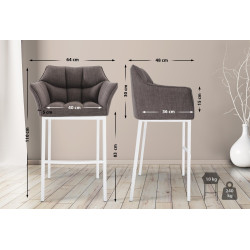 Tabouret de bar Damaso W en tissu avec piètement à 4 pieds gris