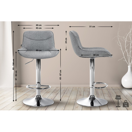 Tabouret de bar Vonore tissu gris chrome