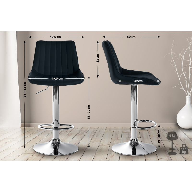 Tabouret de bar Toni en cuir artificiel chromé noir