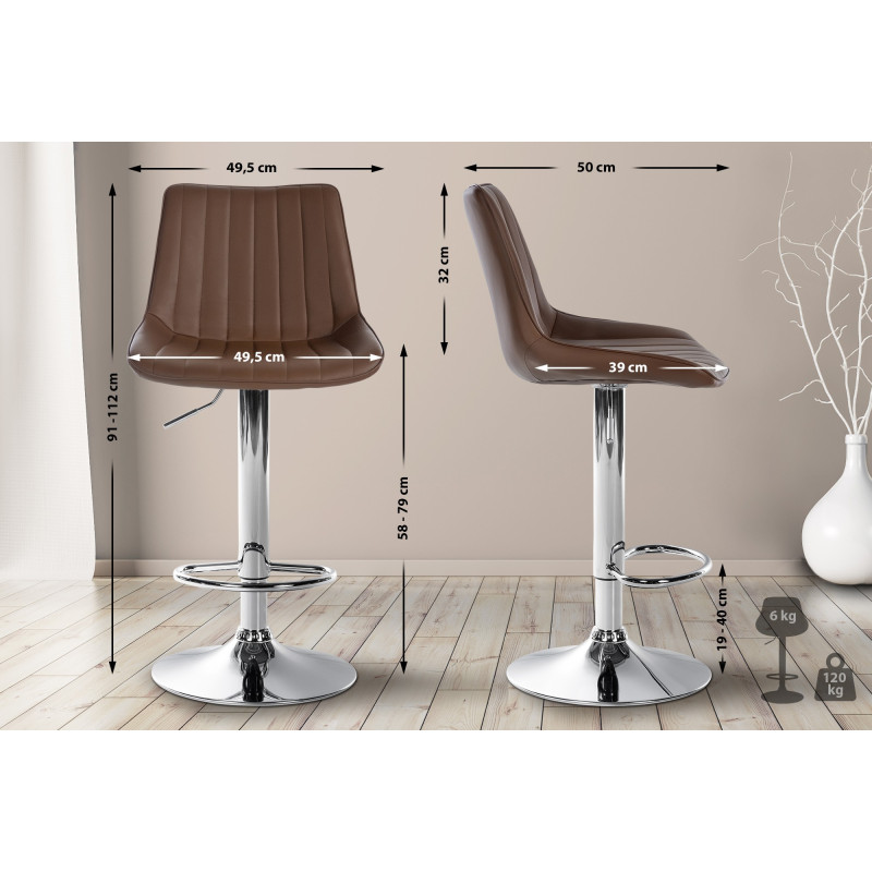 Tabouret de bar Toni en cuir artificiel chromé brun