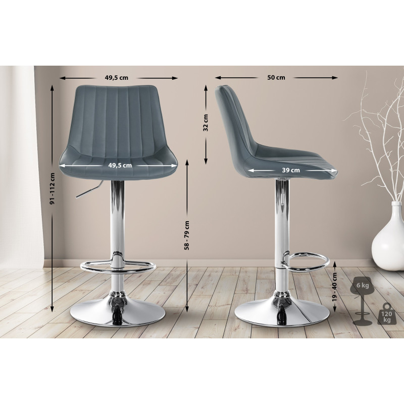 Tabouret de bar Toni en cuir artificiel chromé gris
