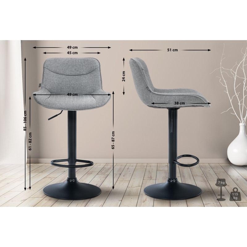 Tabouret de bar Vonore tissu noir gris
