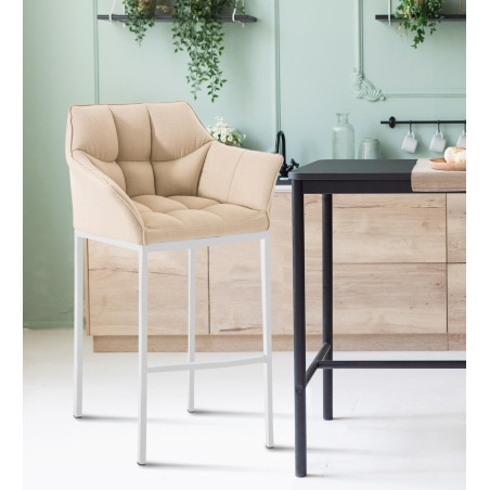 Tabouret de bar Damaso en tissu blanc, avec piètement à 4 pieds. crème