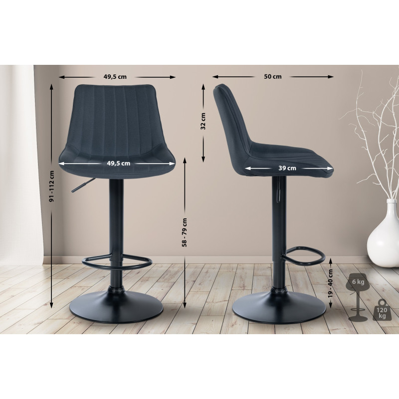 Tabouret de bar Toni en tissu gris foncé