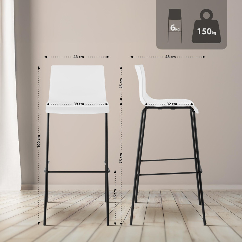 Lot de 2 tabourets de bar Hoover, en plastique, à 4 pieds, noirs blanc
