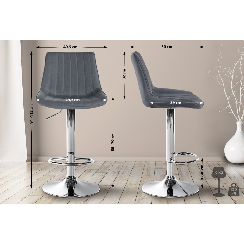 Tabouret de bar Toni tissu chromé gris