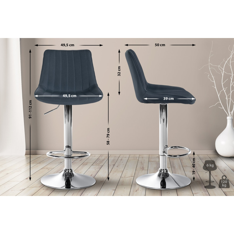 Tabouret de bar Toni tissu chromé gris foncé