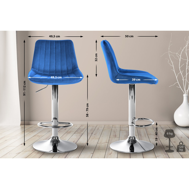 Tabouret de bar Toni velours chromé bleu