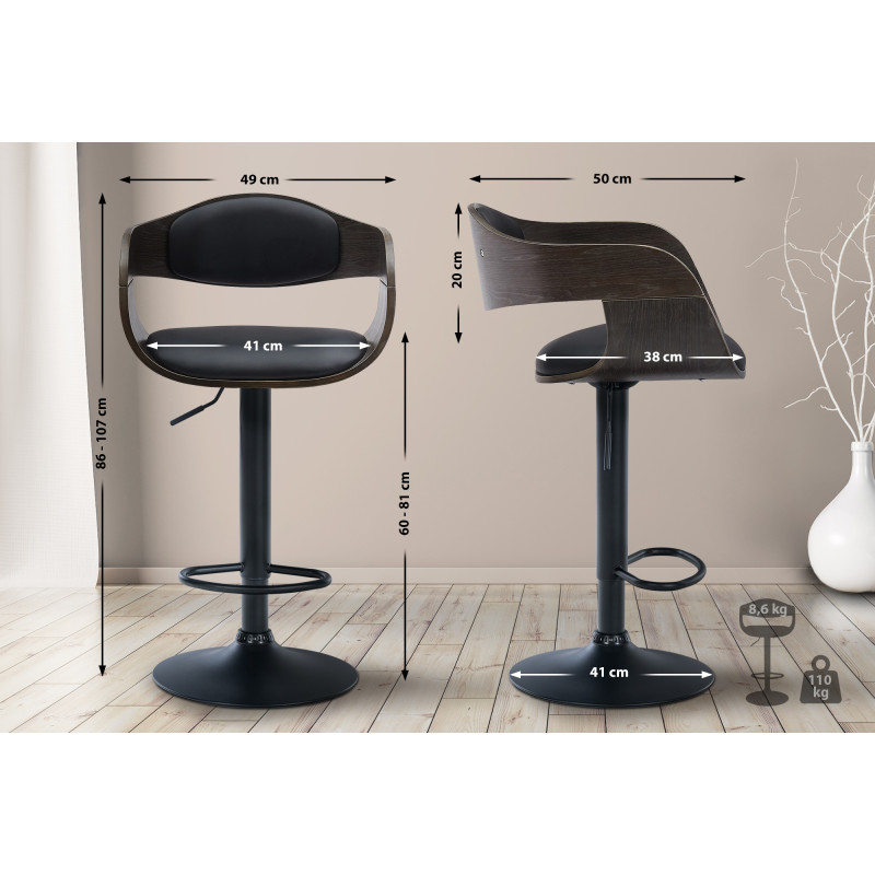 Tabouret de bar Kingston B en similicuir noir/gris