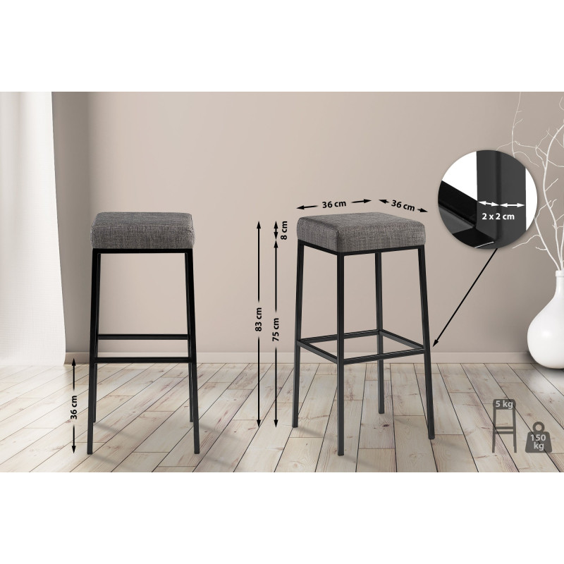 Ensemble de 2 tabourets de bar Montreal 85, tissu noir gris