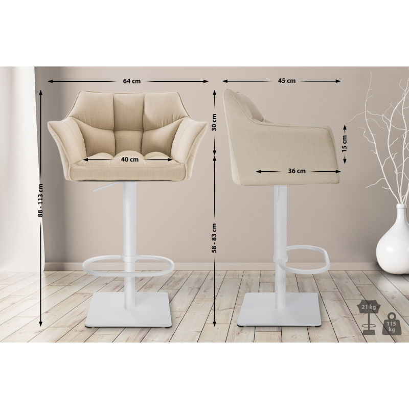 Ensemble de 2 tabourets de bar en tissu Damaso blanc crème