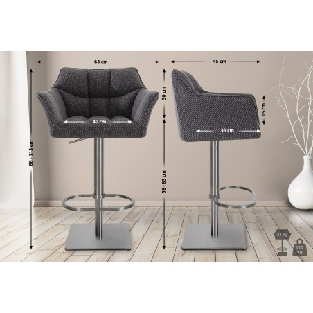 Ensemble de 2 tabourets de bar en tissu Damaso et acier inoxydable gris titane