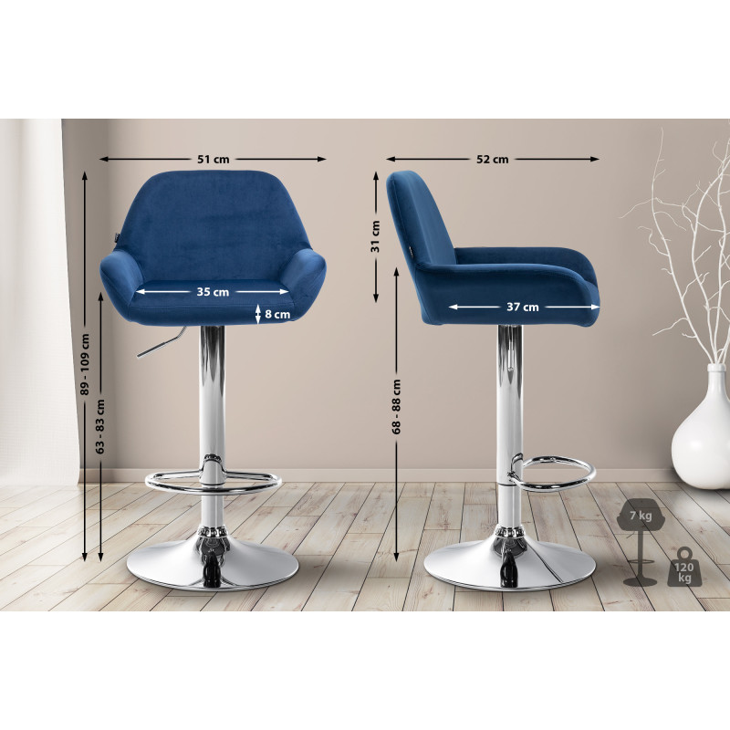 Lot de 2 tabourets de bar Braga velours chrome bleu