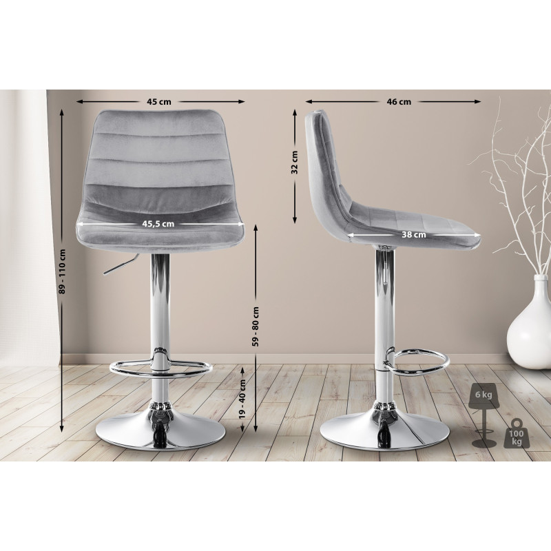 Tabouret de bar Lex velours chromé gris