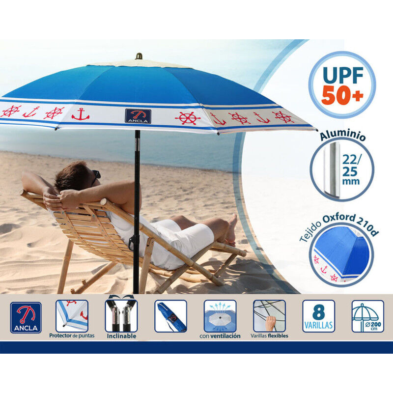 Parasol de plage Bleu Ø 200 cm SPF50+ Ancre