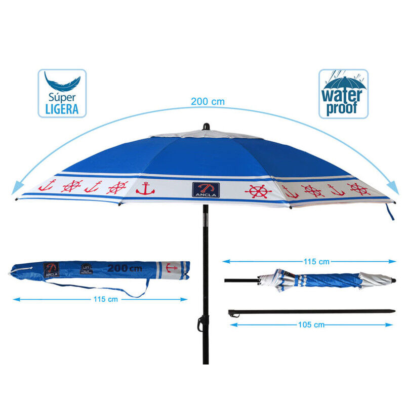 Parasol de plage Bleu Ø 200 cm SPF50+ Ancre