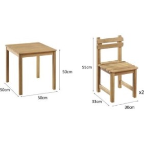 Ensemble repas de jardin pour enfant - 2 personnes - Table carrée 50 x 50 x 50 cm et 2 chaises - Bois Acacia FSC