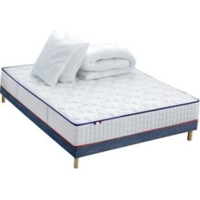 CONFORT DESIGN Pack complet Matelas 594 Ressorts + Sommier Bleu denim +  Couette + 2 Oreillers 140x190cm CHANTILLY