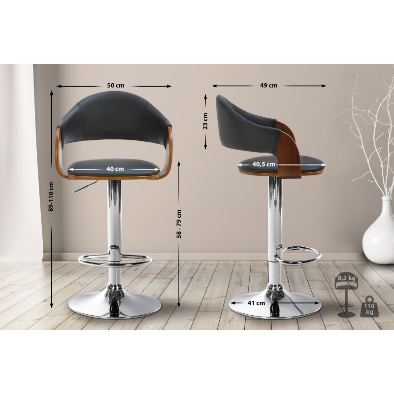 Tabouret de bar Nilse en cuir artificiel chromé noyer/noir