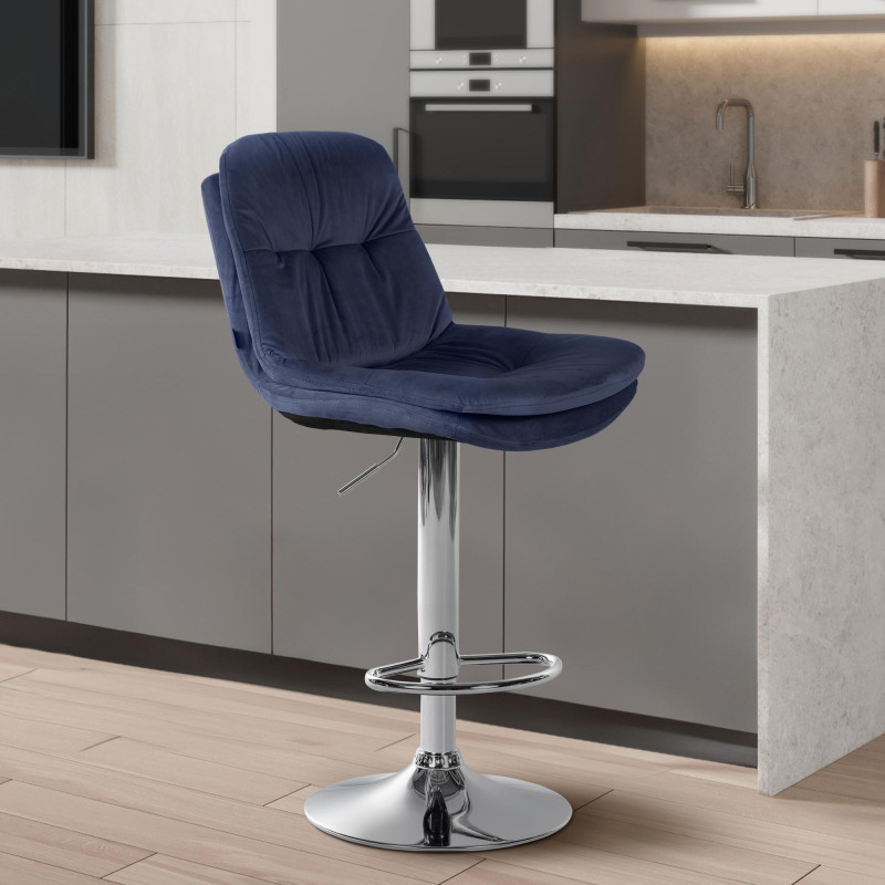 Tabouret de bar Laurel velours bleu chrome