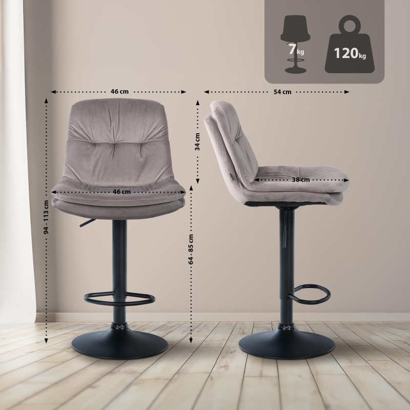 Tabouret de bar Laurel velours noir gris