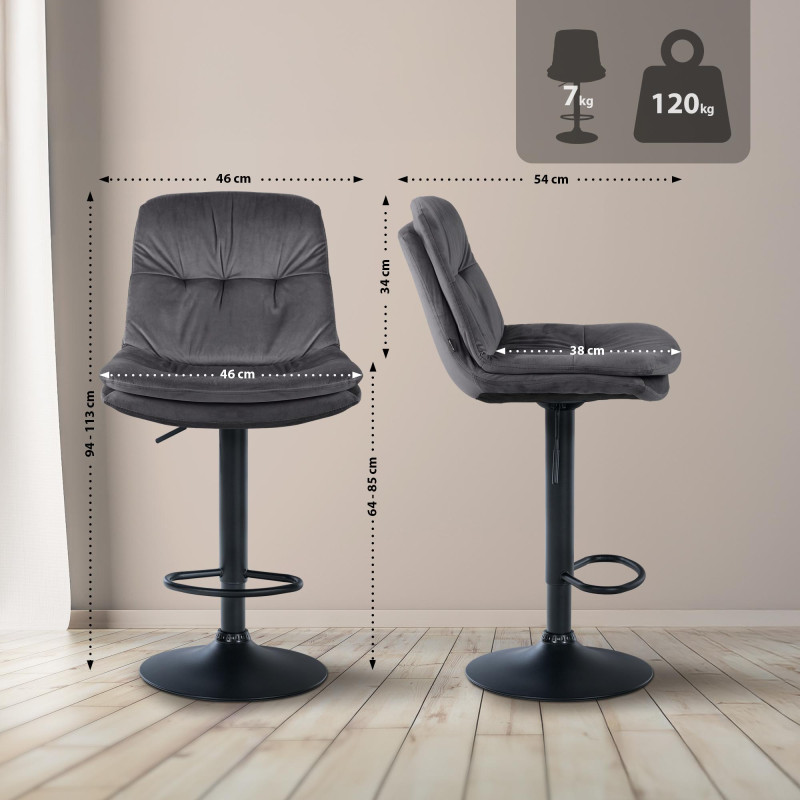 Tabouret de bar Laurel velours noir gris foncé