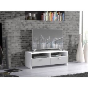 Meuble TV PILVI - Blanc et gris mat - Contemporain - L 95 x P 36 x H 34,5 cm