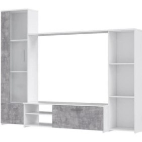 Meuble TV paroi murale - Blanc mat et béton clair - Contemporain - L 220,4 x P41,3 x H177,5 cm - PILVI