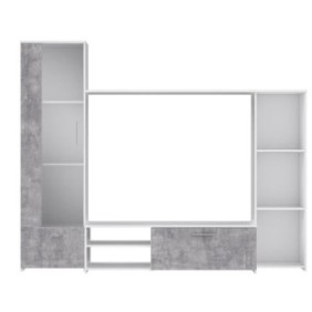 Meuble TV paroi murale - Blanc mat et béton clair - Contemporain - L 220,4 x P41,3 x H177,5 cm - PILVI